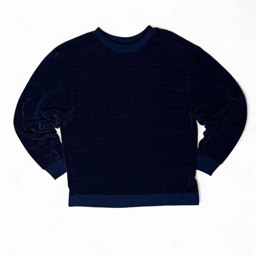 Navy Blue Velour Crewneck Sweater Men’s L Cozy Minimal